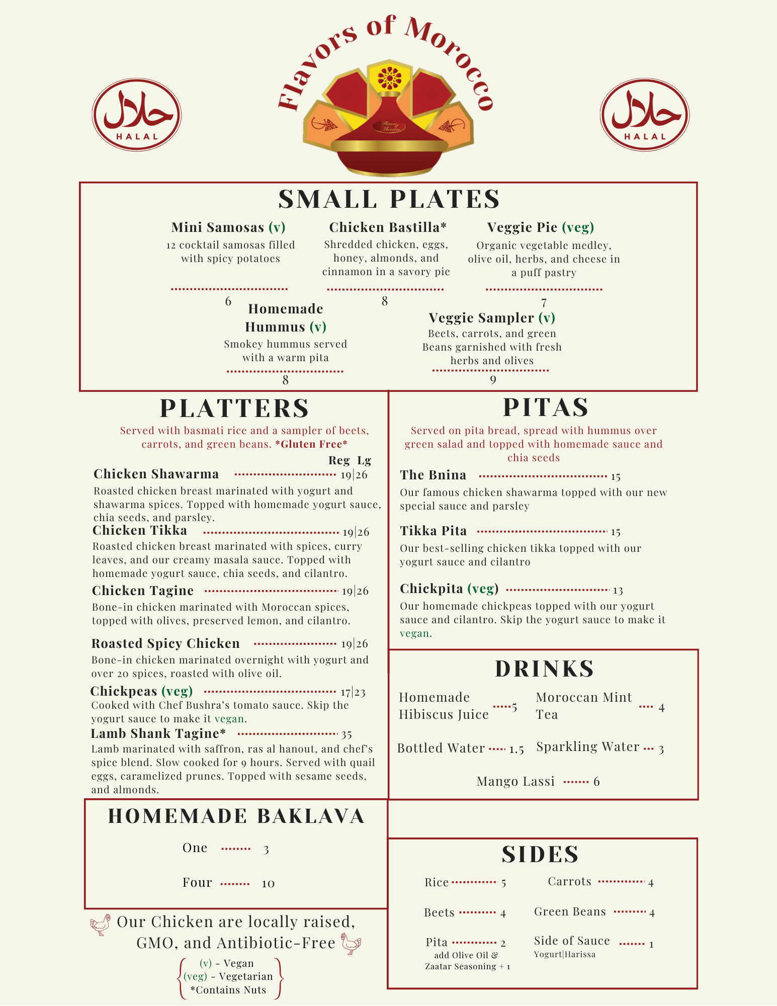 Menu of Moroccan restaurant featuring small plates, platters, pita options, drinks, sides, and homemade baklava, with vegetarian and gluten-free options.