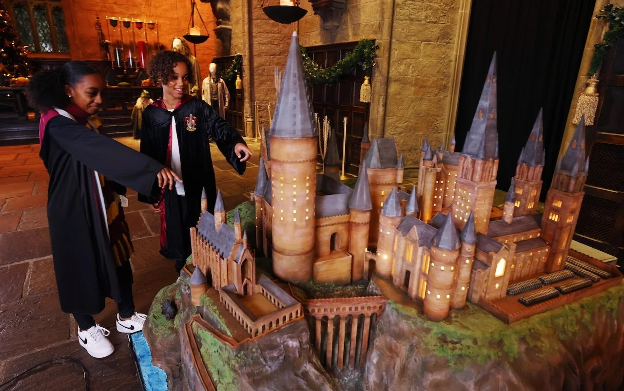Two Harry Potter fans admiring the unveiling of a massive cake at the Warner Bros. Studio Tour London.