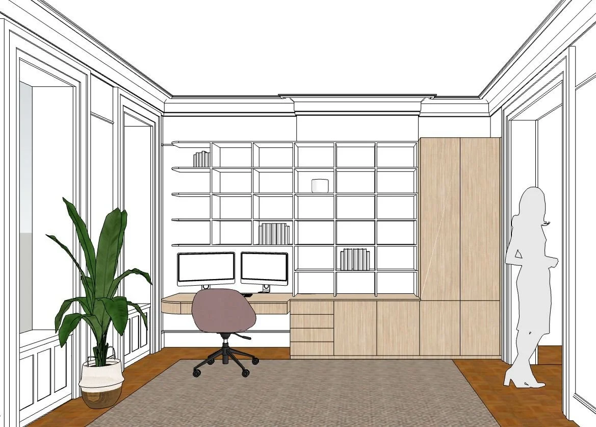 Vista in 3D del progetto del mobile dell’ufficio/stanza ospiti, che aiuta a decidere cosa fare, prima di realizzarlo.