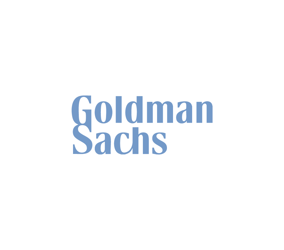 Logo of Goldman Sachs with a black background and blue text.