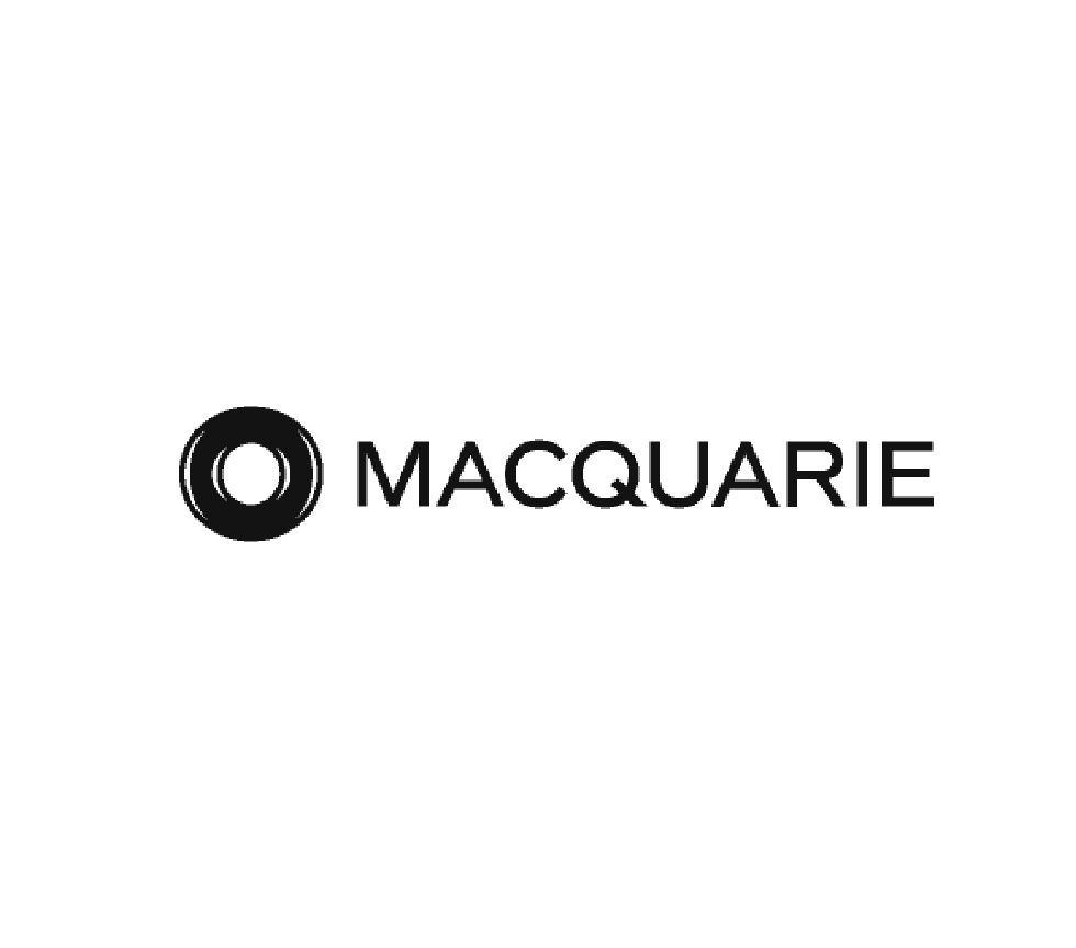 Black logo with a circular icon and the word 'MACQUARIE' in uppercase letters.
