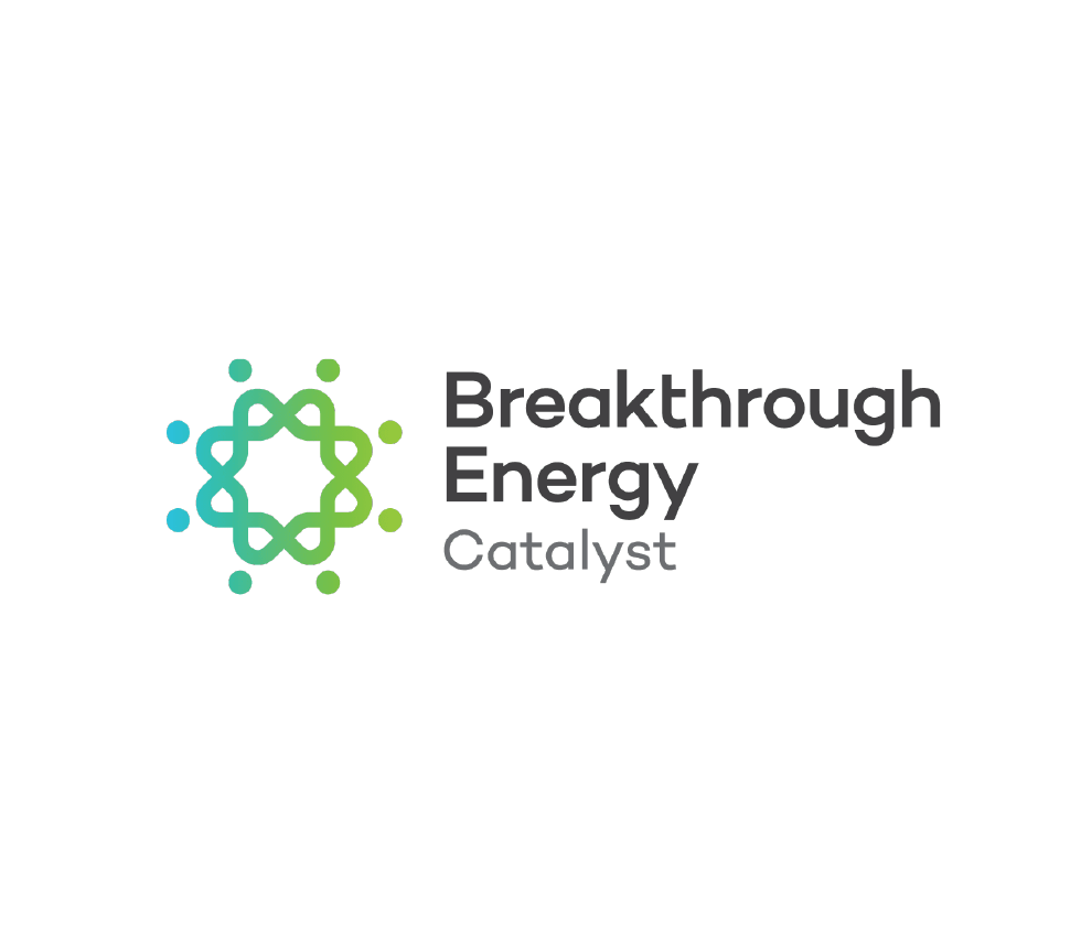 Logo with a teal and green interconnected molecular design and the words 'Breakthrough Energy Catalyst' in gray on a black background.