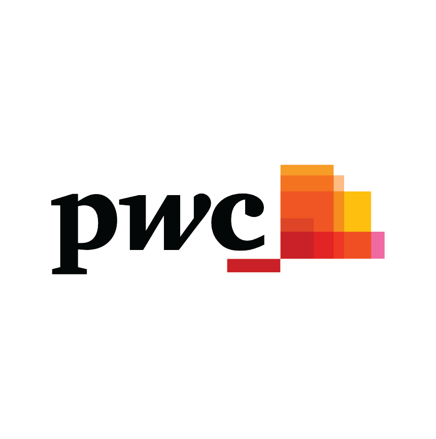 The PwC logo with a multicolored pixelated bar chart on the right.