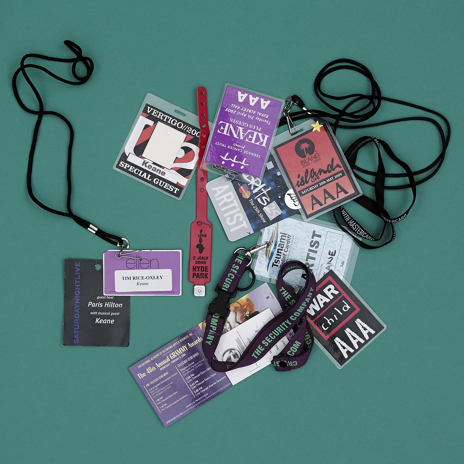 Best of Keane album photography illustrating key memorabilia from the bands history photographed by award winning photographer Alex Bibby