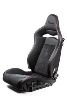 A black and gray race car seat with adjustable armrest and headrest labeled 'Sparco'.