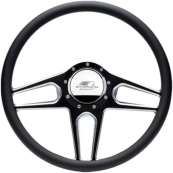 Black racing steering wheel with a round center hub and cutouts in the spokes.