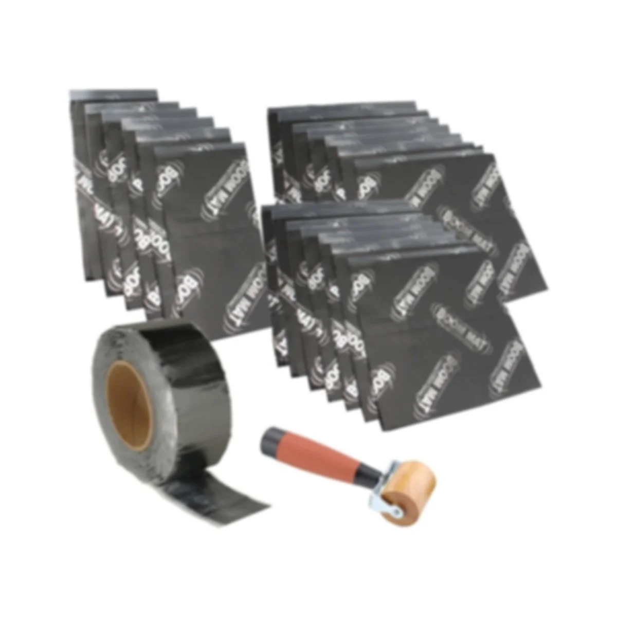 A roll of black adhesive tape, a small roller, a pointed applicator, and several sheets of black adhesive paper with a logo pattern.