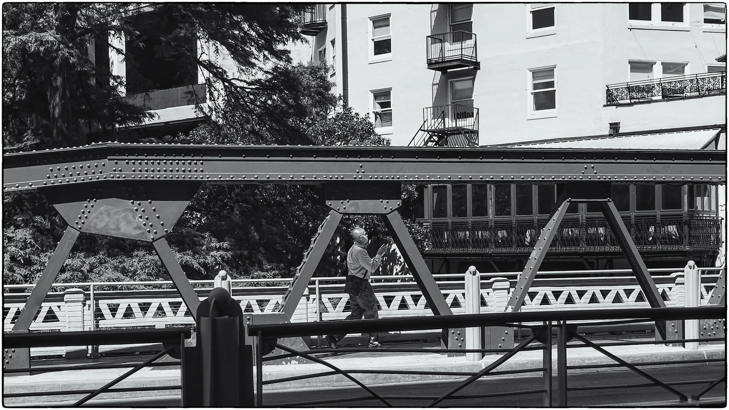 Crossing a downtown bridge in San Antonio- bw-3.jpg