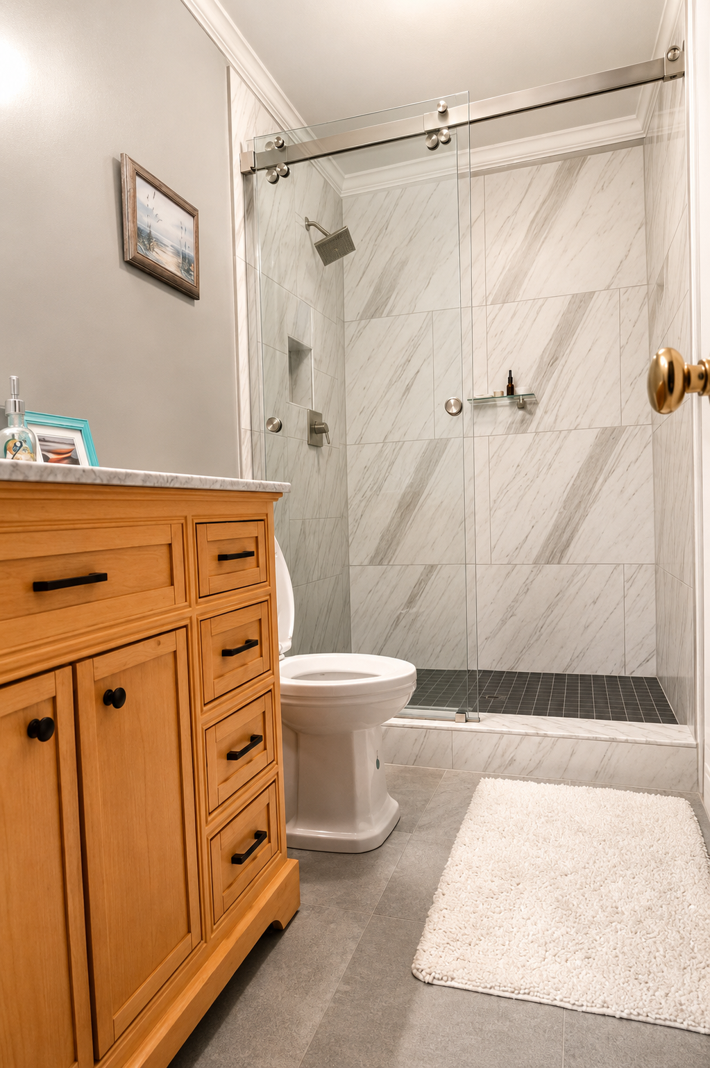 Finished bathroom, complete remodel including tile