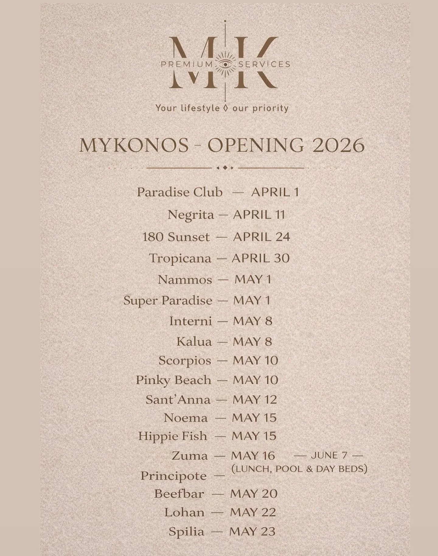MYKONOS 2026 - OPENINGS 

#mykonos 
#mykonosgreece 
#scorpios 
#alemagou 
#spilia