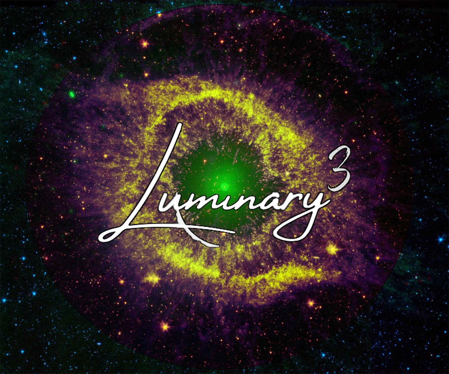 A colorful galaxy with yellow, purple, and green hues and stars, with the text 'Lummary 3' written in white cursive overlaying the galaxy.
