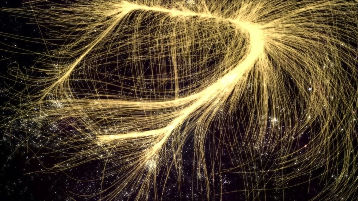 Illustration of golden light streaks and lines forming a complex pattern against a dark background with small white dots resembling stars.