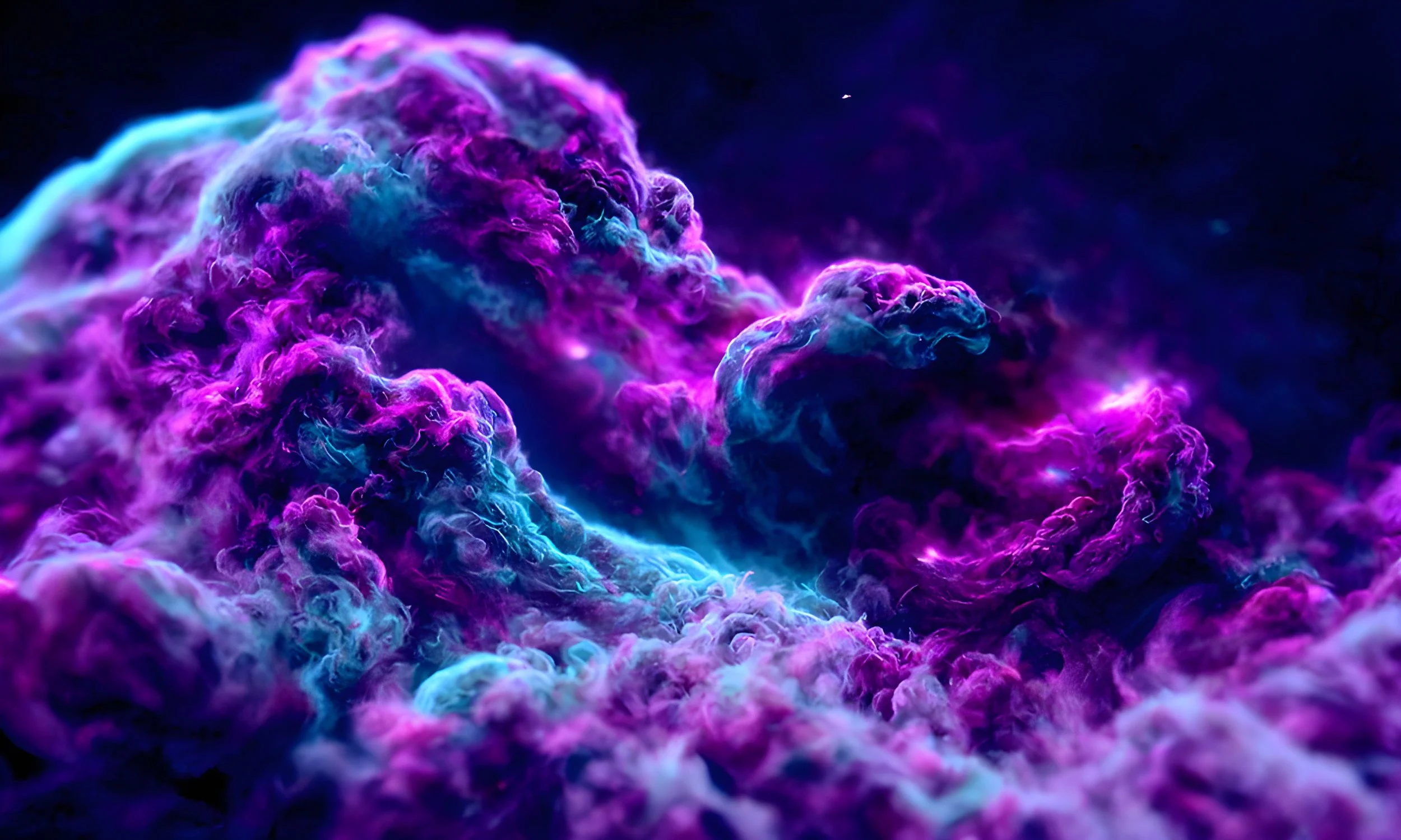 Colorful cloud-like nebula with shades of pink, purple, blue, and teal against a dark background.