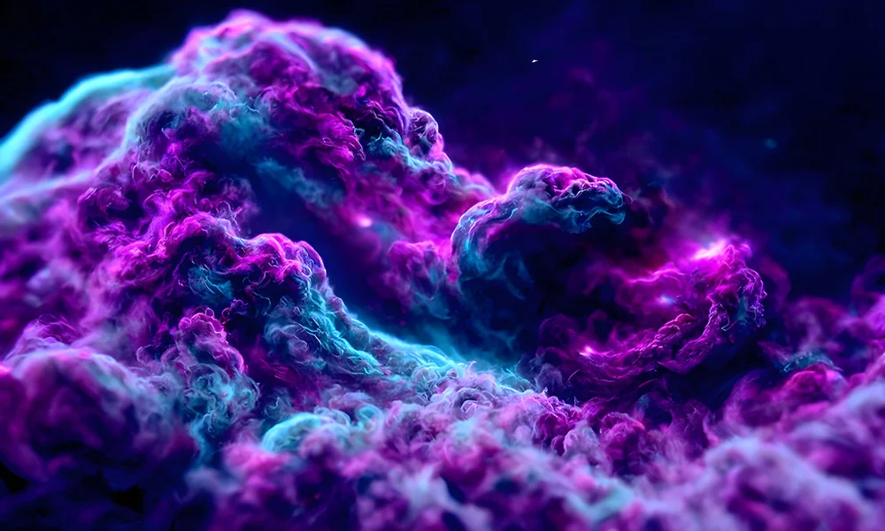 Swirling violet and blue cosmic clouds