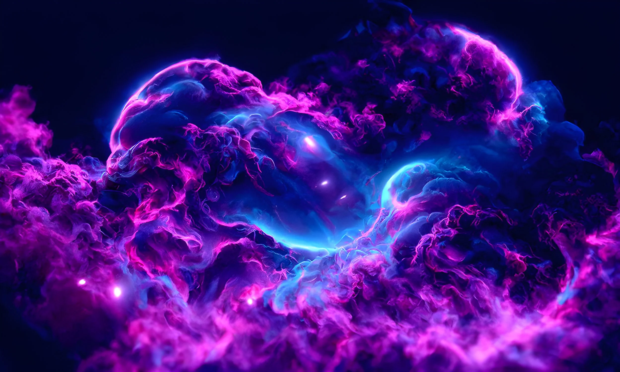 Vivid abstract digital art featuring swirling clouds of purple, pink, and blue with hints of glow and light effects.