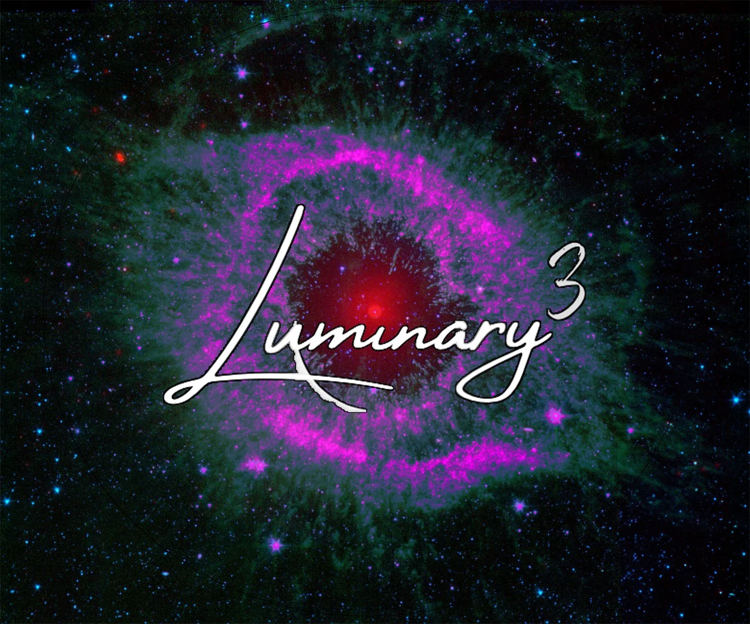 Illustration of a vibrant galaxy with a bright red center, surrounded by pink, green, and blue stars and cosmic dust, with the text 'Luminary 3' overlayed in white cursive font.