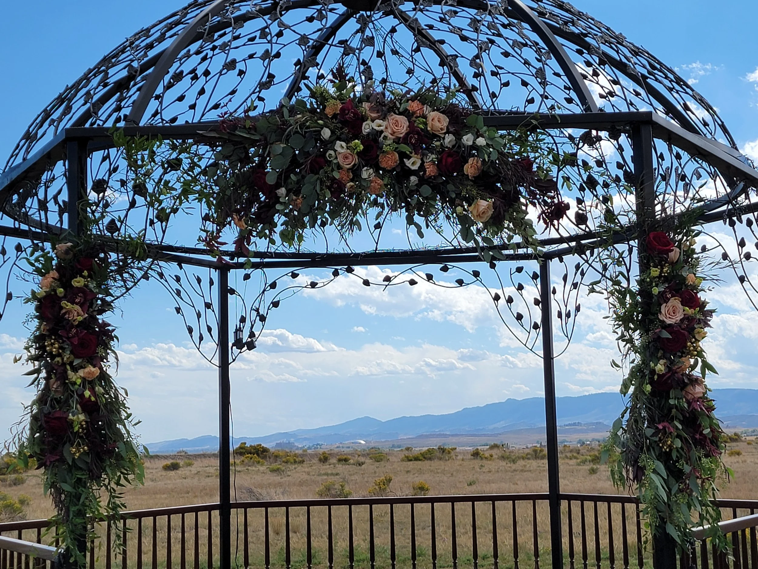 Metal wedding arch decorated with flowers, set outdoors with mountains and a cloudy sky in the background.