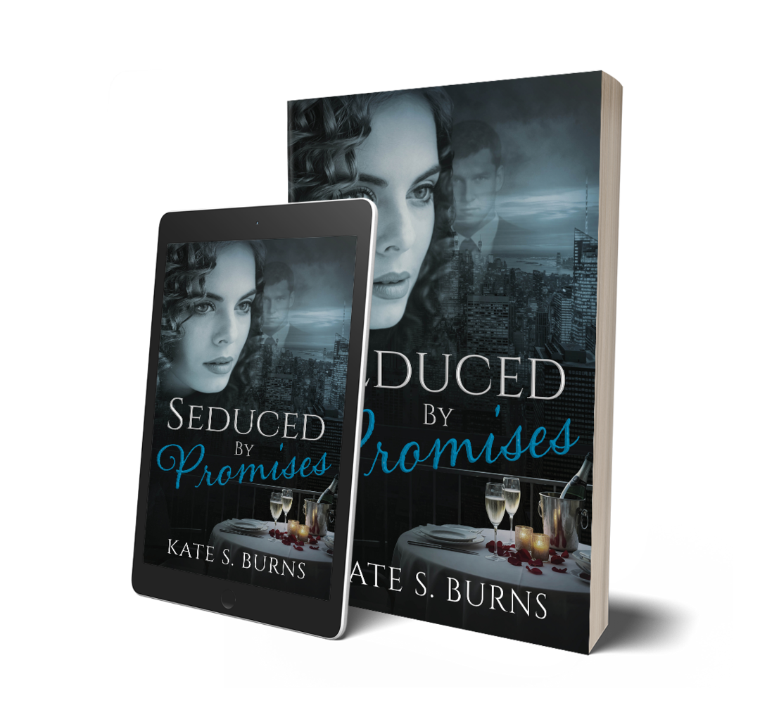 A 3D image of a book titled "Seduced by Promises" by Kate S. Burns, displayed with a tablet showing the same cover, featuring a woman's face, a cityscape, and a table with champagne glasses and candlelit roses.