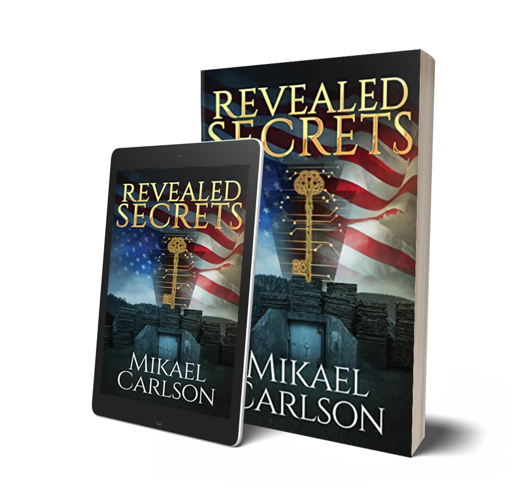 A 3D-rendered image of a book and a tablet displaying the cover of 'Revealed Secrets' by Mikael Carlson, featuring an American flag, a key, and a secret door.