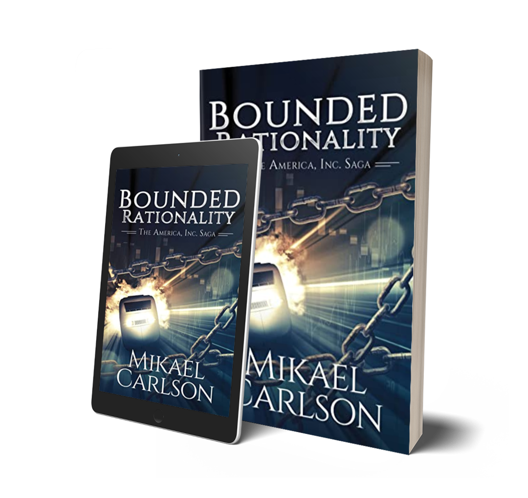 Book and e-book cover of 'Bounded Rationality' by Mikael Carlson, featuring a train and chains.