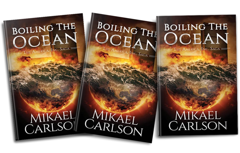 Three copies of the book titled 'Boiling the Ocean' by Mikael Carlson, featuring a fiery depiction of Earth with an oceanic scene on the cover.