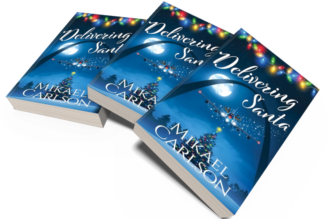 Three copies of a book titled 'Delivering Santa' by Mikael Carlson, featuring a festive holiday cover with Christmas lights, a decorated tree, snow, and a full moon in a winter night sky.