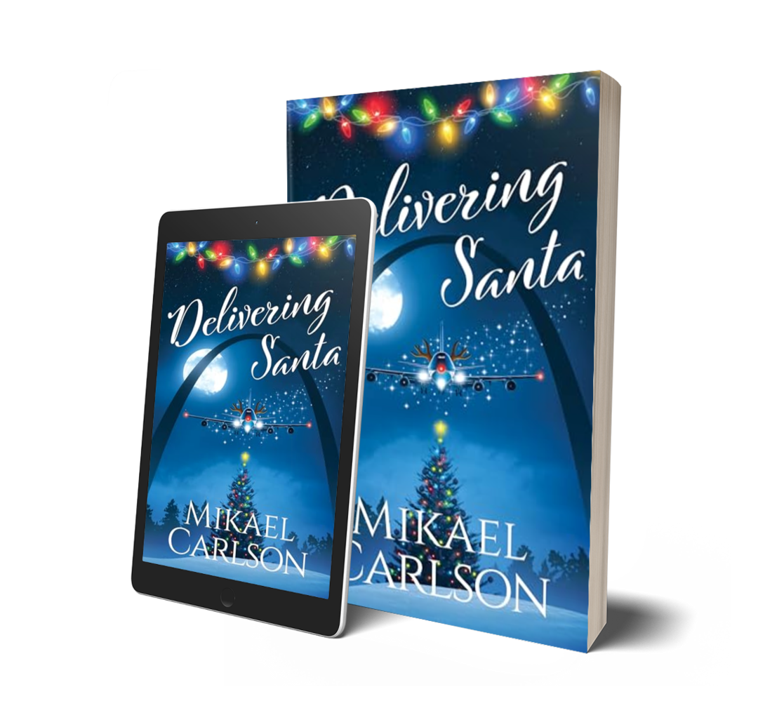 Book and eBook cover for 'Delivering Santa' by Mikael Carlson, featuring a Christmas tree, a full moon, a night sky with stars, and an airplane with reindeer antlers, all decorated with colorful Christmas lights.