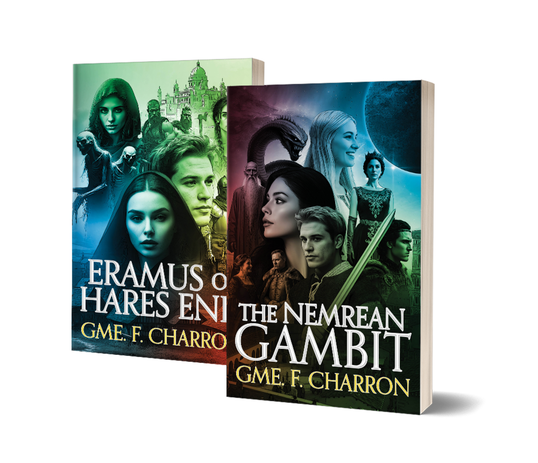 Two fantasy book covers side by side, featuring characters, dragons, castles, and celestial backgrounds. The titles are 'Eramus o Hares eni' by GME. F. Charron and 'The Nemerean Gambit' by GME. F. Charron.