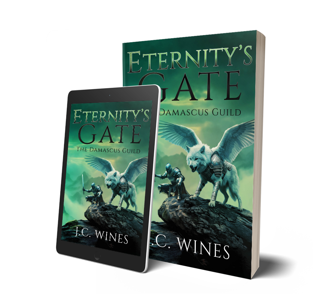 The cover of a book titled 'Eternity's Gate: The Damascus Guild' by J.C. Wines, featuring a fantasy scene with a winged wolf and a knight on a rocky outcrop.