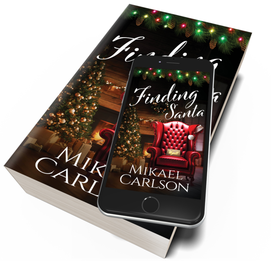 Book titled 'Finding Santa' by Mikael Carlson with Christmas decorated cover showing a Christmas tree, ornaments, and a red armchair