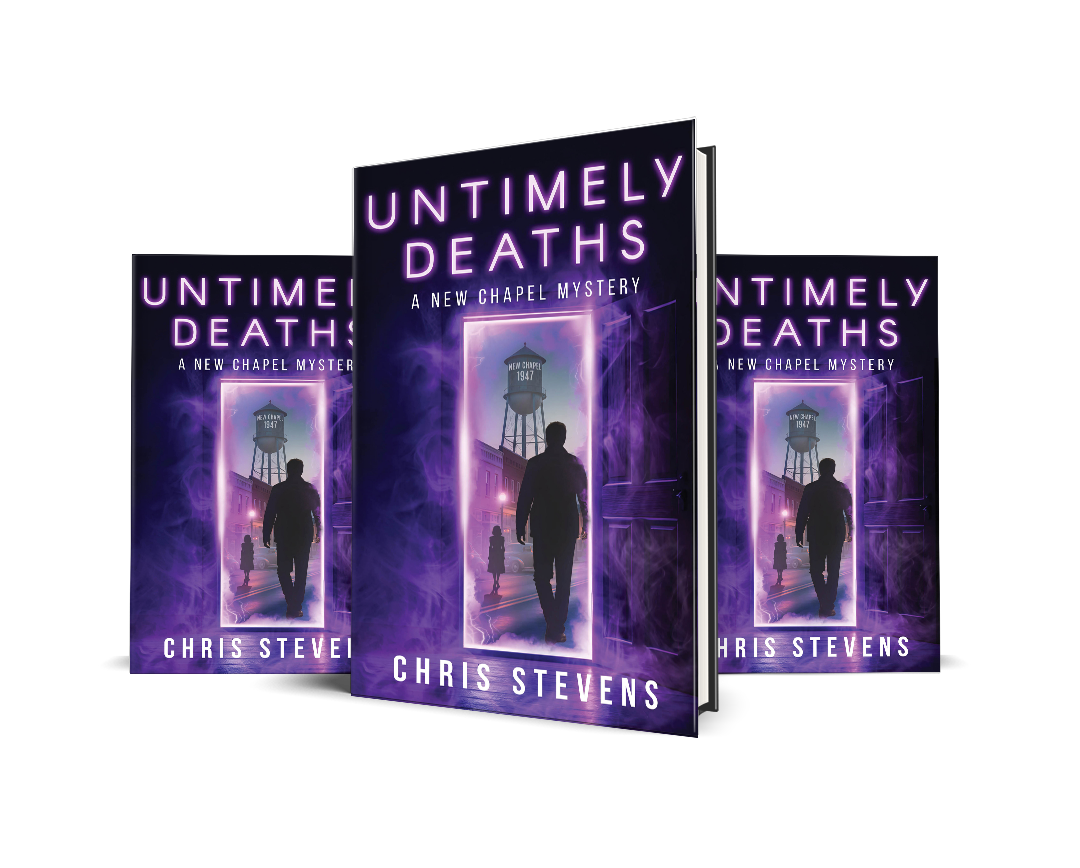 Three copies of a book titled 'Untimely Deaths' by Chris Stevens, featuring a mysterious scene of a man walking through a glowing purple doorway towards a water tower with 'New Chapel 1947' on it, set against a dark background.