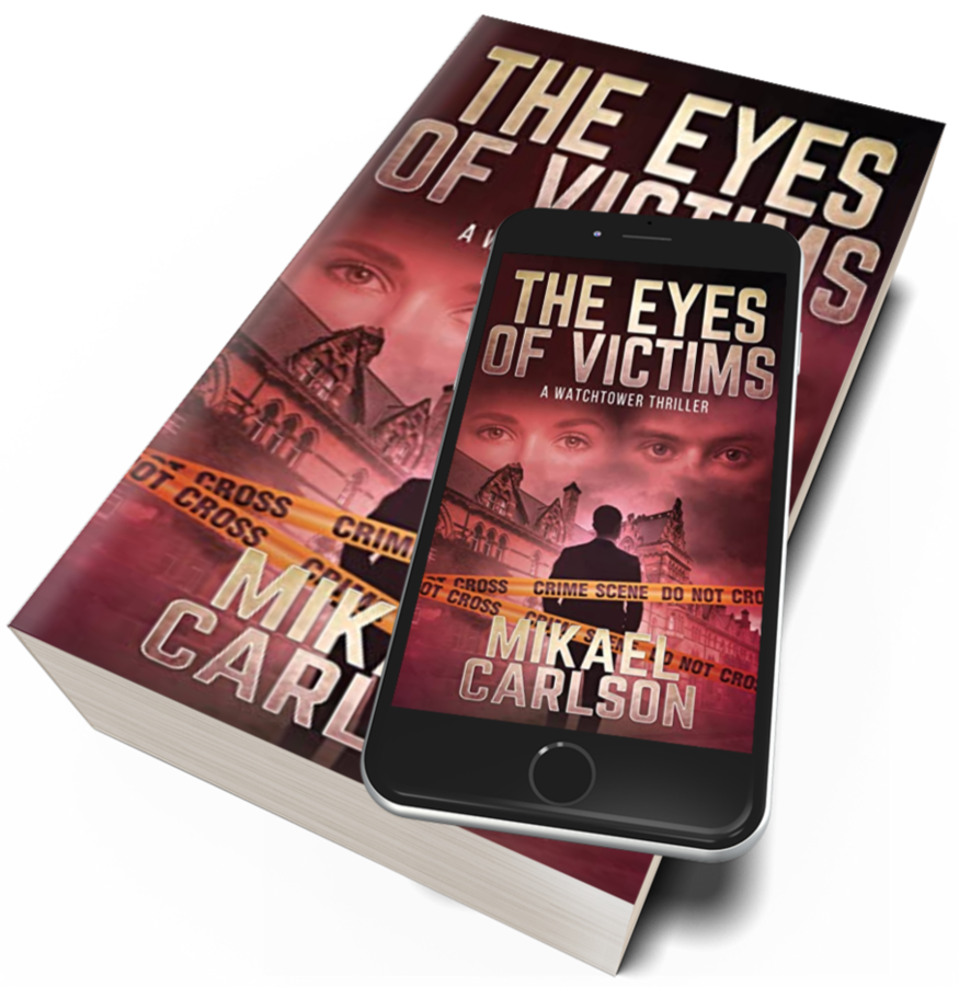 Book titled 'The Eyes of Victims' by Mikael Carlson with a cover showing a woman and a man, crime scene tape, and a cityscape in the background, displayed on a smartphone screen in front of the book.