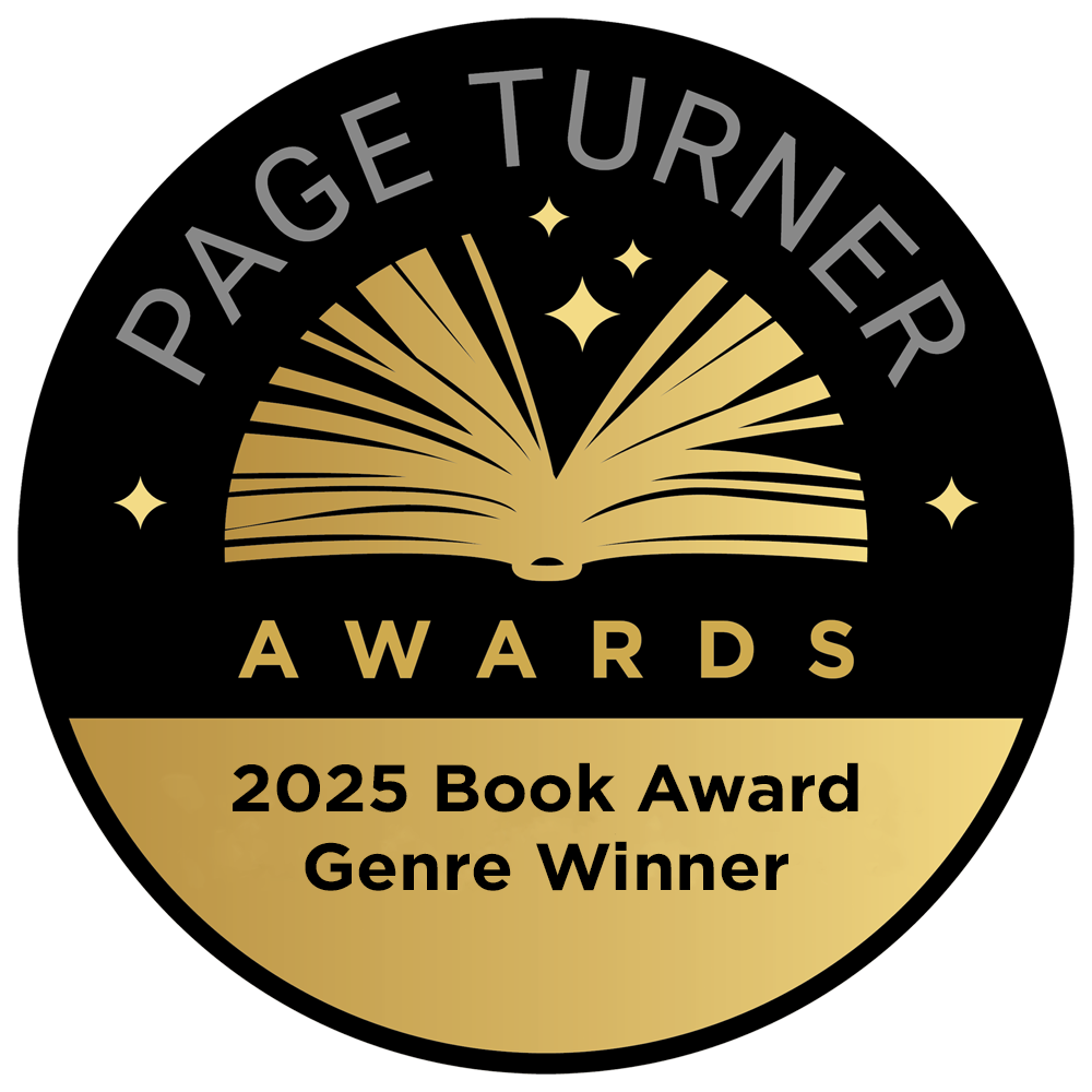 A black and gold badge for the PAge Turner Awards, indicating a 2025 Book Award Genre Winner, featuring an open book with shining stars.