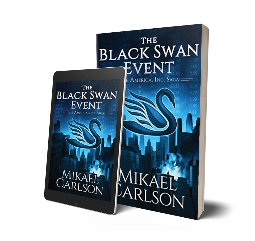 A book and an e-reader displaying the cover of 'The Black Swan Event' by Mikael Carlson, featuring a stylized black swan and a city skyline with financial data in the background.