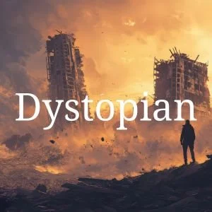 A dystopian scene with destroyed skyscrapers, a lone person standing amidst the ruins, and a fiery, smoky sky.