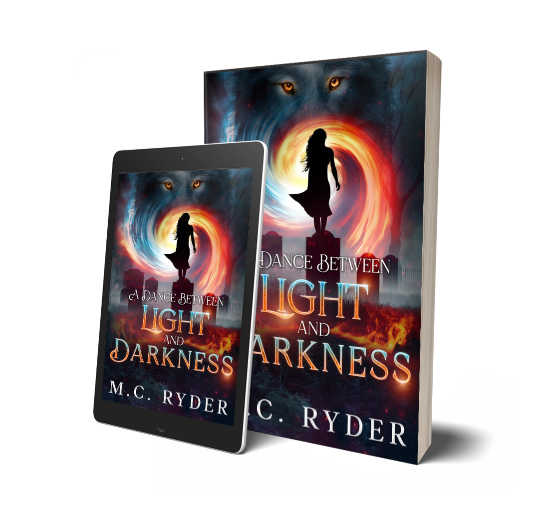 Book cover titled "A Dance Between Light and Darkness" by M.C. Ryder, featuring a silhouette of a woman standing on a pedestal in front of a swirling portal, with a large wolf's face and glowing eyes in the background.