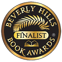 Beverly Hills Book Awards finalist badge with gold and black design, featuring a laurel branch, a book, and the words 'Finalist' in the center.