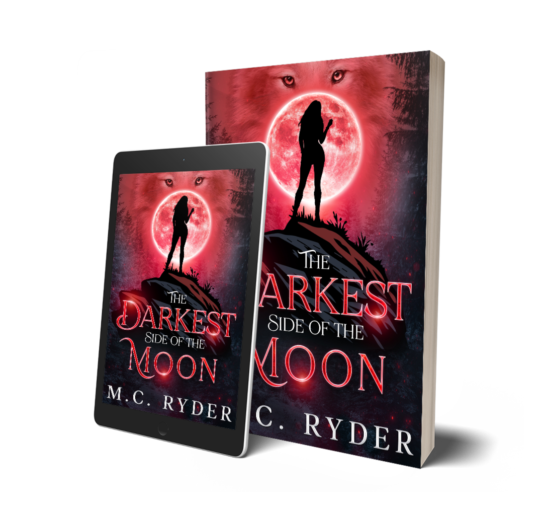 Book cover and e-book display for 'The Darkest Side of the Moon' by M.C. Ryder, featuring a silhouette of a woman against a red moon and a wolf's face in the background.
