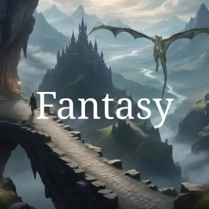 A fantasy landscape with a castle on a mountain, a stone bridge, a person walking, and a dragon flying in the sky.