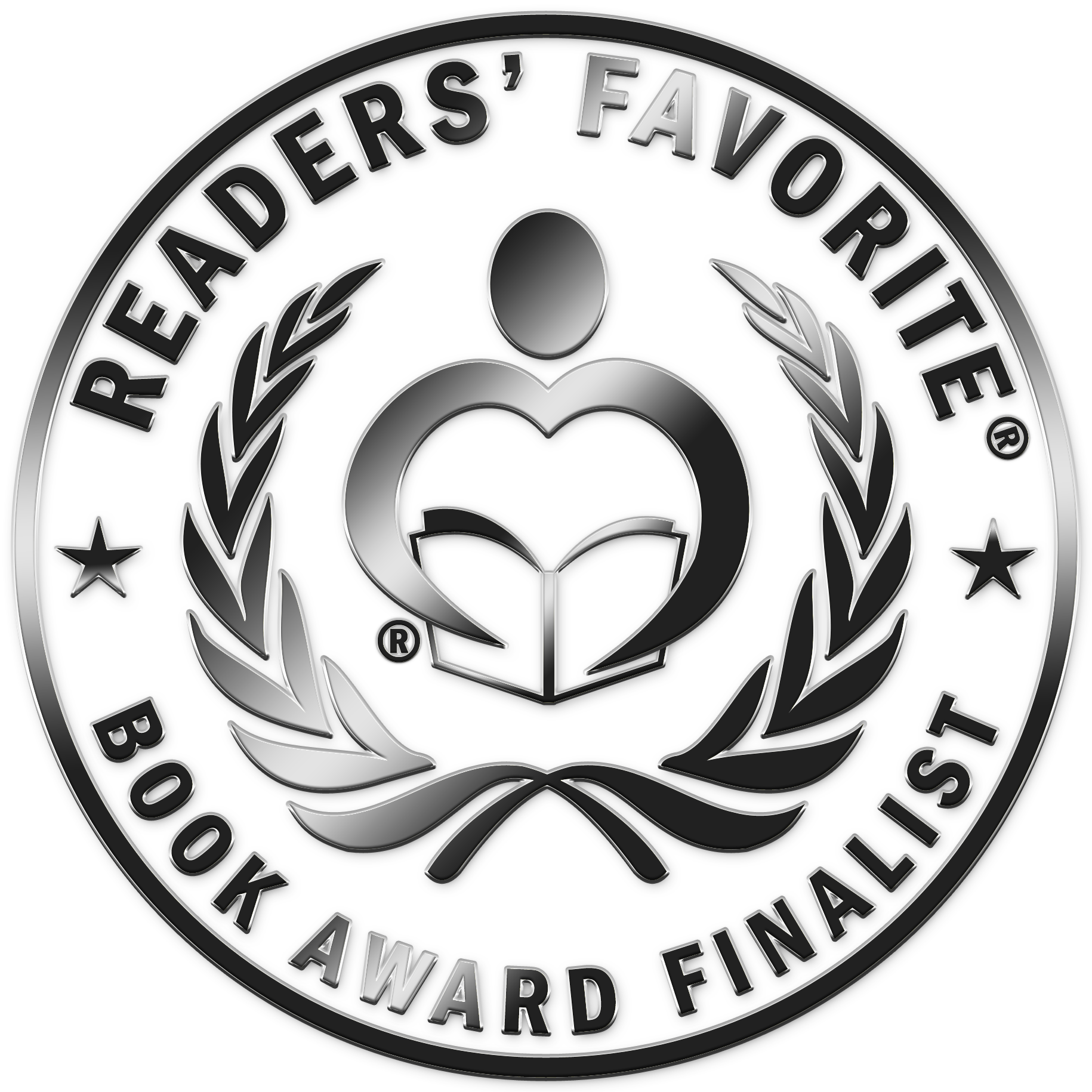 Black and white logo of the Rewards' Favorites Book Awards depicting a medal with a person reading a book, encircled by a laurel wreath, and the text "Rewards' Favorites Book Awards".