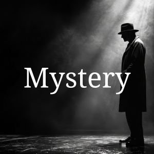 Silhouette of a man in a fedora hat and trench coat standing in a spotlight on a dark stage, with the word 'Mystery' written in white text.