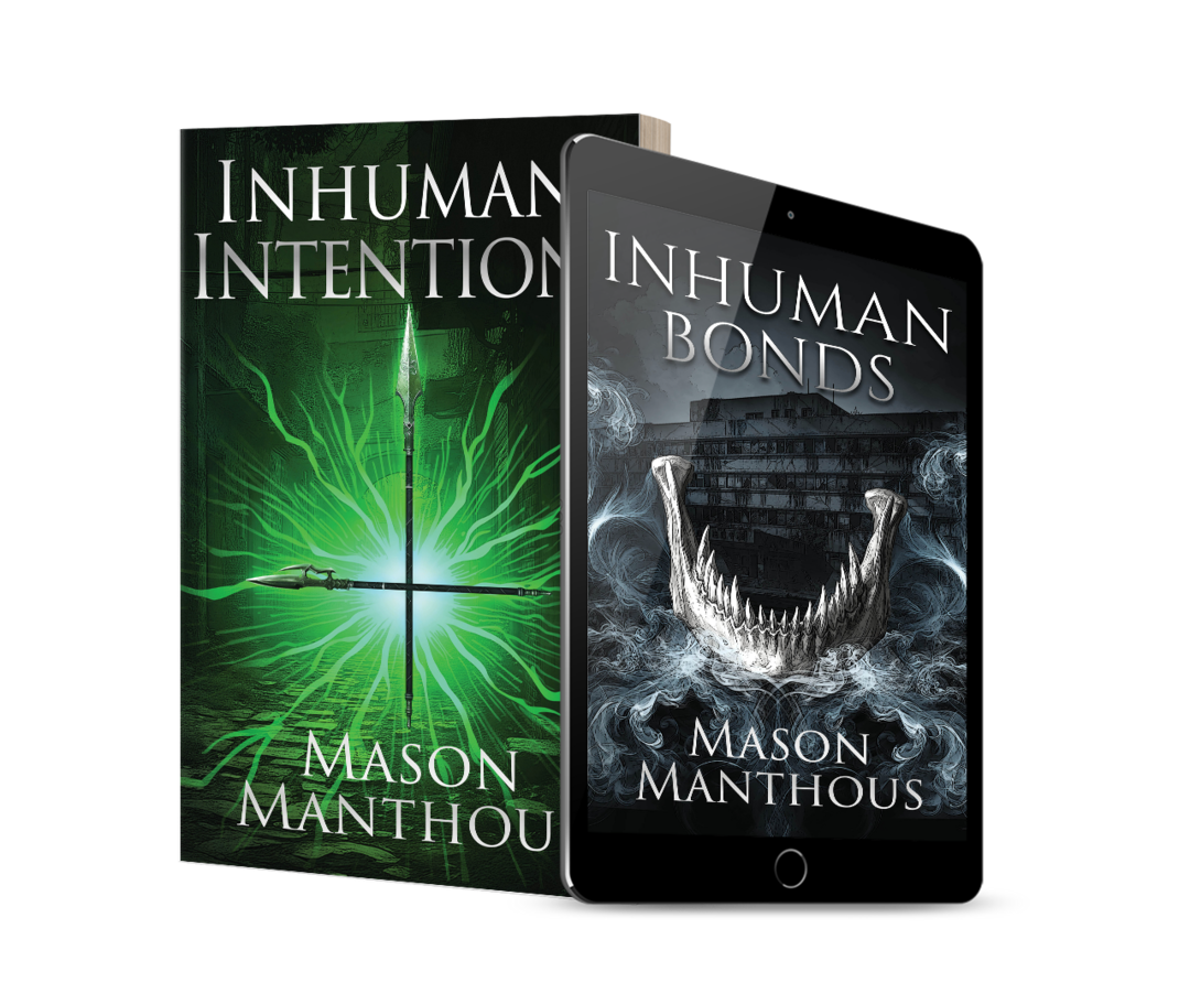 Two books and an e-reader displaying the covers of the 'Inhuman' trilogy by Mason Manthous. The first book has a green cover with a glowing, spiky weapon at the center. The second has a dark cover with a jagged, water-filled monster with sharp teeth emerging from the water.