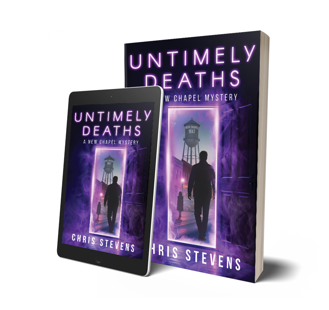 Book cover and e-book version of 'Untimely Deaths' by Chris Stevens, featuring a silhouette of a man walking through a door with a water tower in the background, illuminated in purple