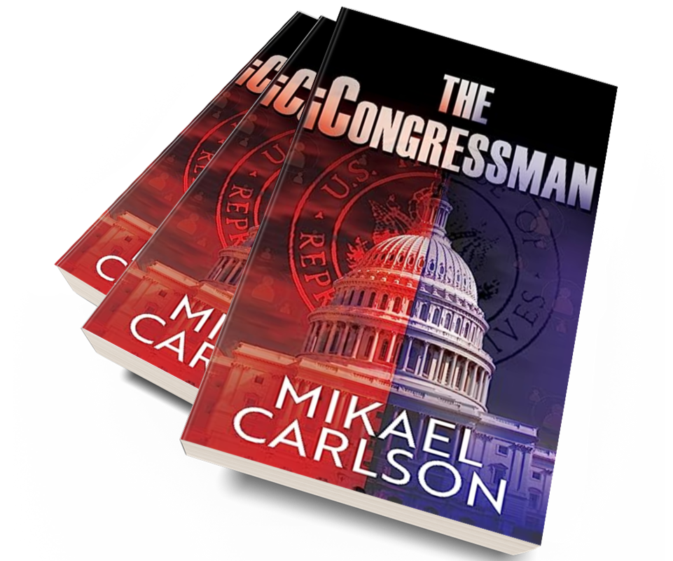 Three copies of a book titled "The Congressman" by Mikael Carlson stacked together, with a cover featuring a partial image of the U.S. Capitol building overlaid with red, white, and blue colors and the U.S. Capitol seal.