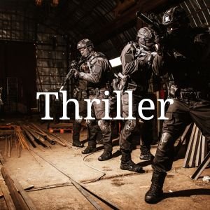 Four military or tactical personnel in tactical gear and helmets, in a dark industrial setting, with the word "Thriller" overlaid.