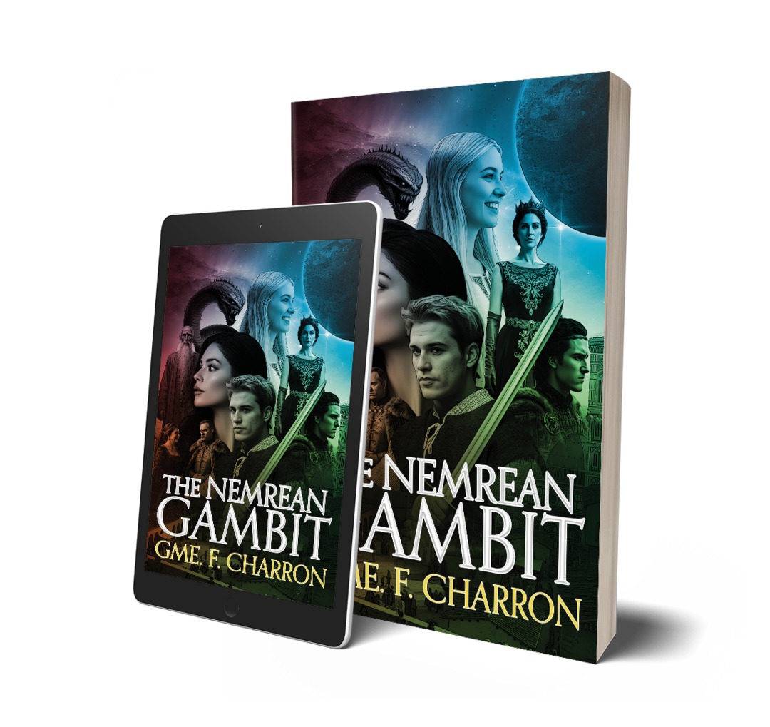 Cover of a book titled 'The Nemrean Gambit' by G.M.E. F. Charron, featuring characters and fantasy elements on the cover, displayed alongside a tablet showing the same cover.