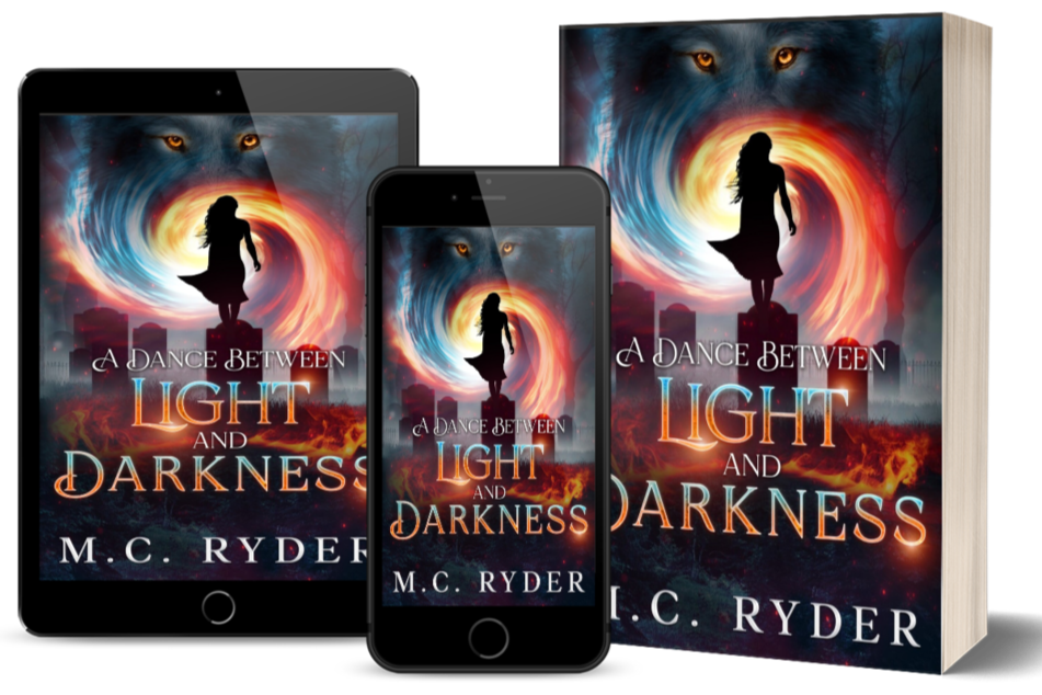 Book cover titled 'A Dance Between Light and Darkness' by M.C. Ryder, featuring a silhouette of a girl standing on a block, with a swirling colorful vortex and a lion's face in the background.