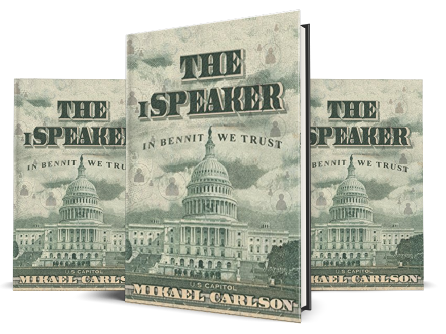 Book cover titled 'The Speaker' with an illustration of the U.S. Capitol building and the author's name, Michael Carlson.