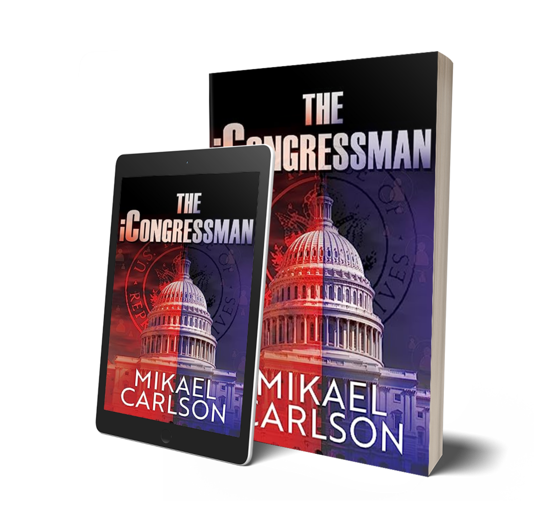 Book cover design featuring the U.S. Capitol dome with the title 'The iCongressman' and the author Mikael Carlson, displayed with a digital tablet showing the same cover.