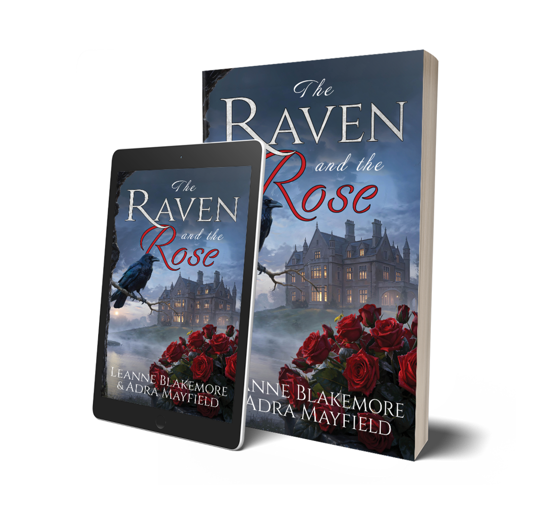Digital and physical book covers for 'The Raven and the Rose' showing a Gothic mansion, dark sky, raven on a branch, and red roses.